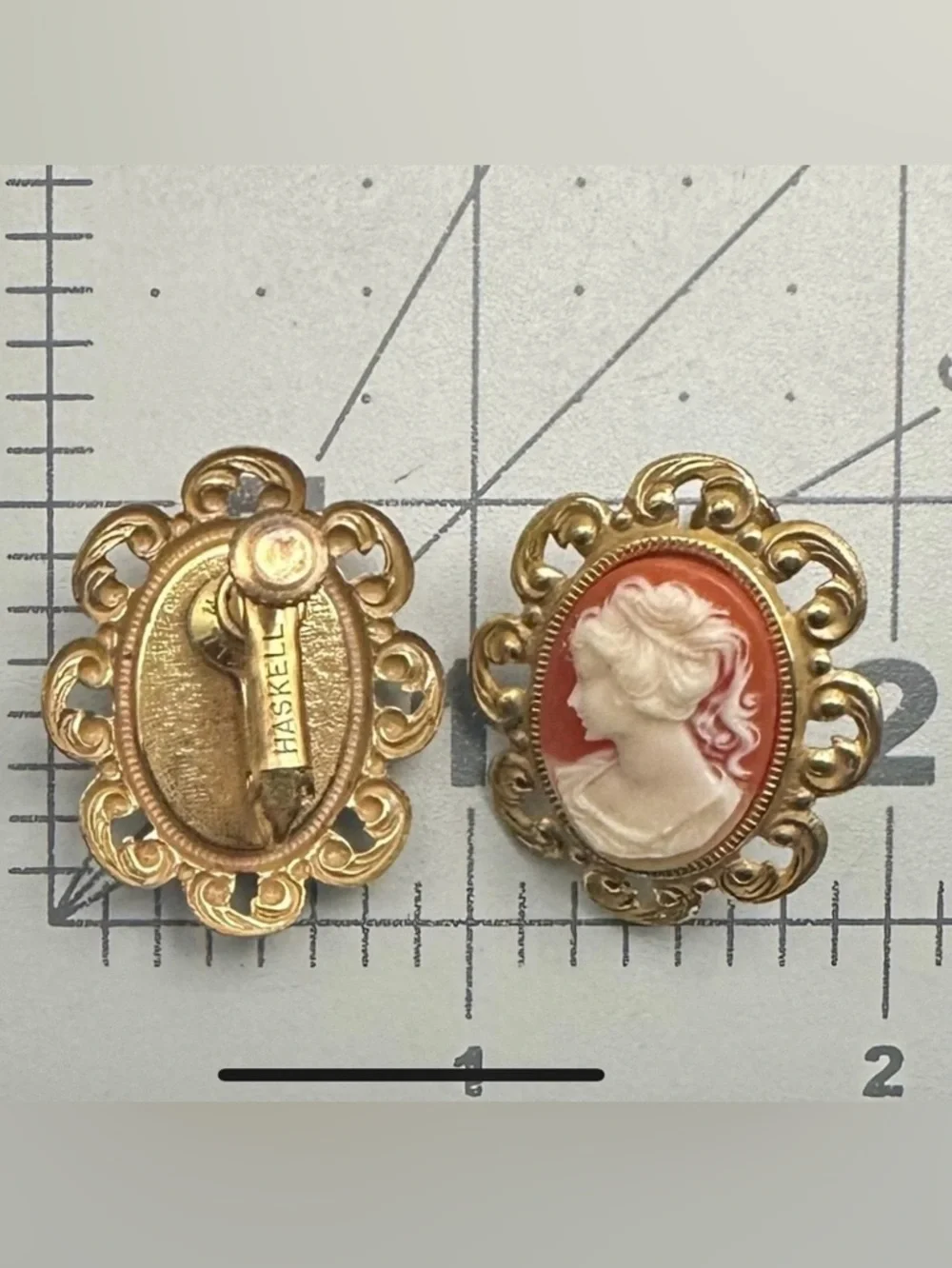 Miriam Haskell 1940’s Cameo Clip on Earrings-Signed-Rare